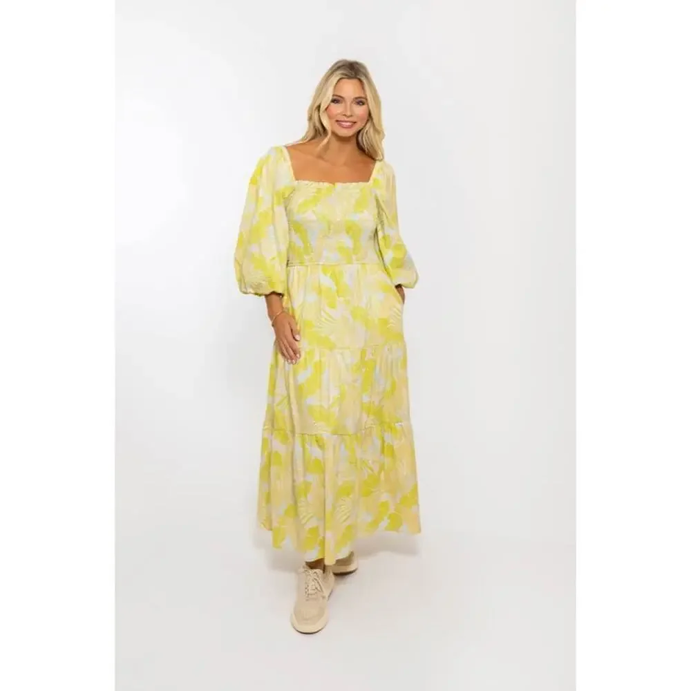 Karlie Women’s Large Tropical Leaf Poplin Smock Puff Sleeve Maxi Dress